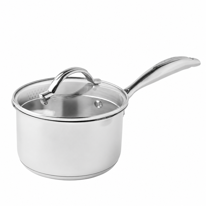 A stainless steel saucepan with a matching glass lid and a polished metal handle, shown on a plain white background.