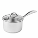 A stainless steel saucepan with a matching glass lid and a polished metal handle, shown on a plain white background.