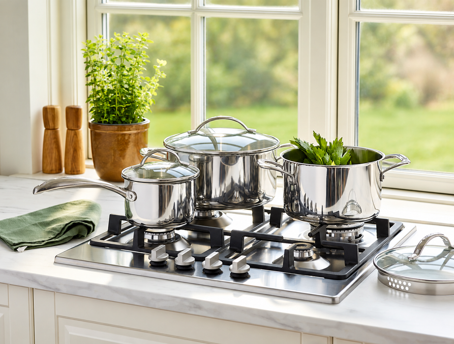 A stainless steel gas stovetop cookware set with three pots of varying sizes, glass lids, and long handles, arranged on a marble kitchen counter in front of a window.