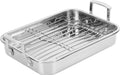 Stainless steel roasting pan with rack on a white background