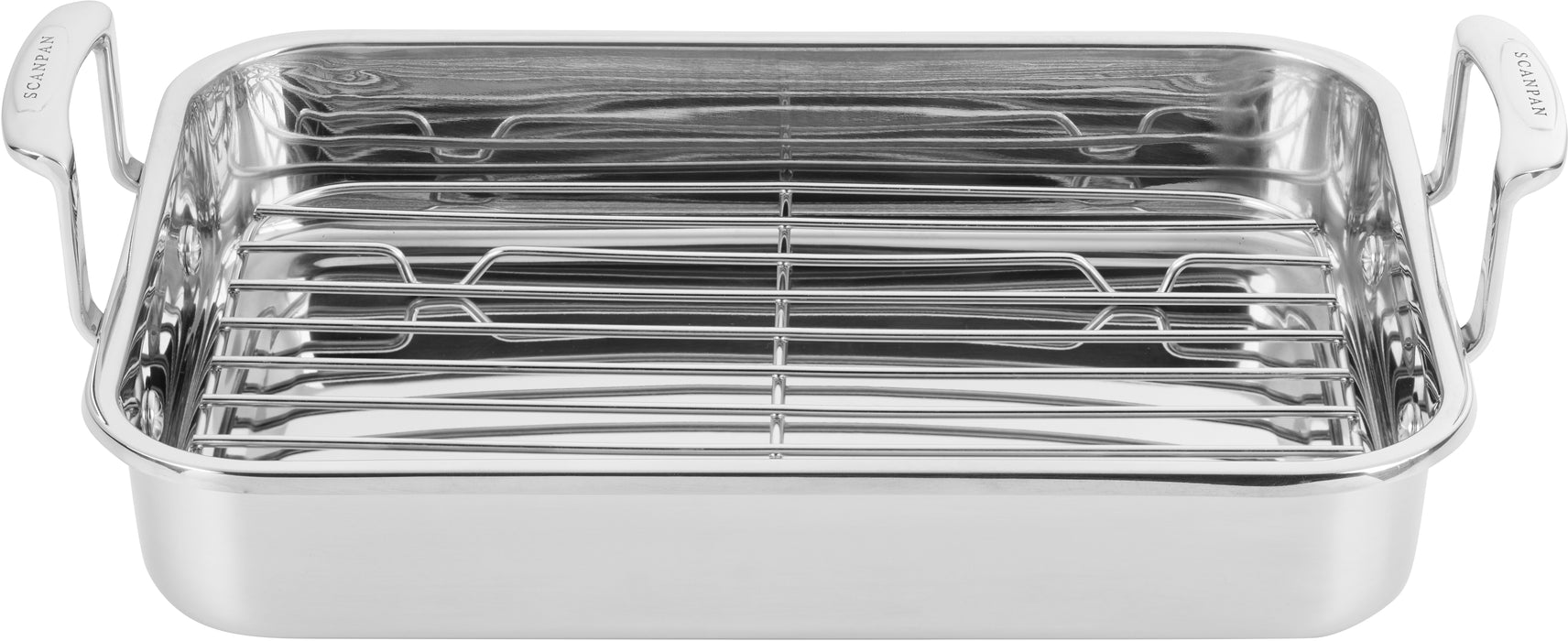 Stainless steel roasting pan with rack on a white background