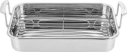 Stainless steel roasting pan with rack on a white background