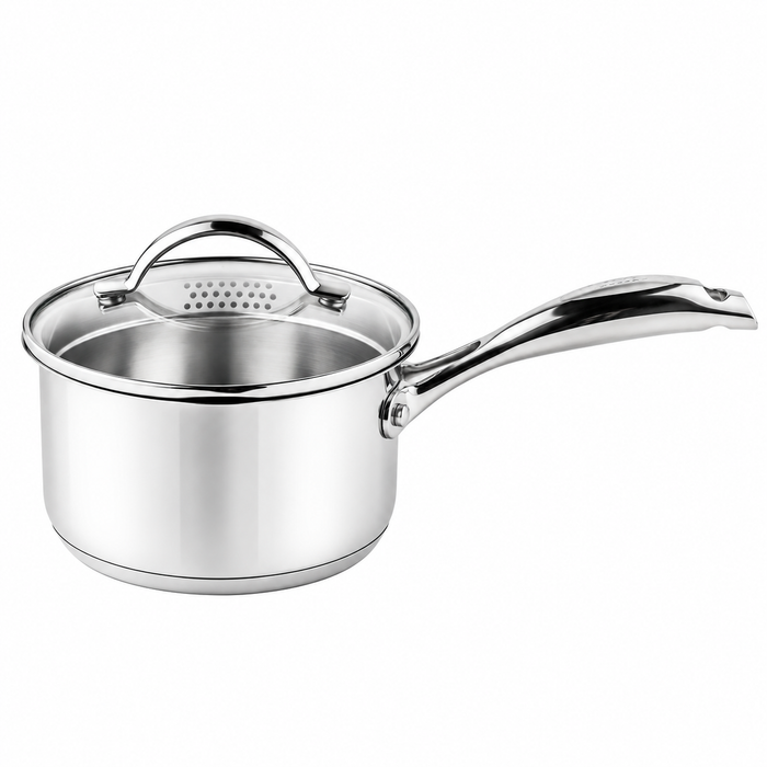 A stainless steel saucepan with a matching glass lid and long handle, shown on a plain white background.