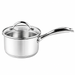 A stainless steel saucepan with a matching glass lid and long handle, shown on a plain white background.