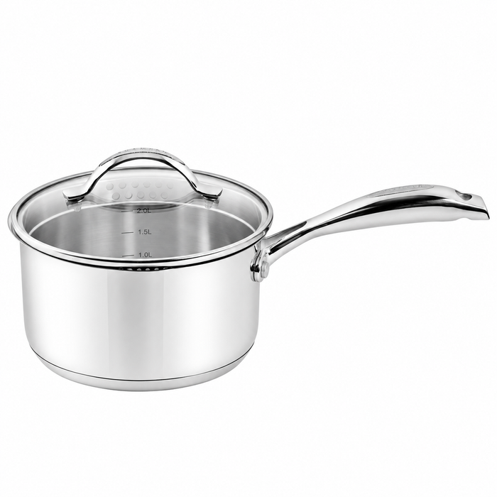 A stainless steel saucepan with a clear glass lid and a polished metal handle, shown on a plain white background.