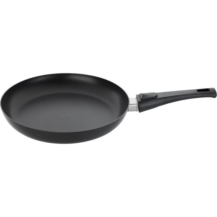 A black SCANPAN Urban 28cm Frying Pan with a smart detachable handle, suitable for modern kitchens.