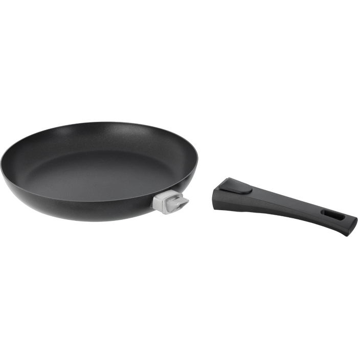 A black SCANPAN Urban 28cm Frying Pan with a smart detachable handle, suitable for modern kitchens.