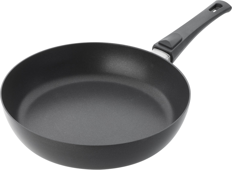 A black SCANPAN Urban 28cm Sauté Pan with a smart detachable handle, crafted with Stratanium non-stick coating.