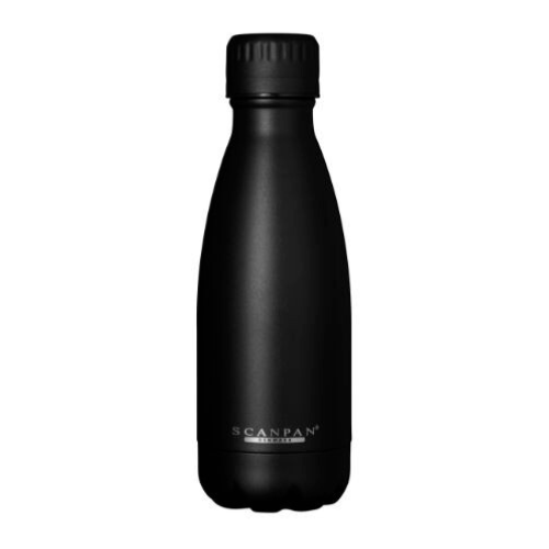 Black water bottle with 'Scanpan' branding on a white background