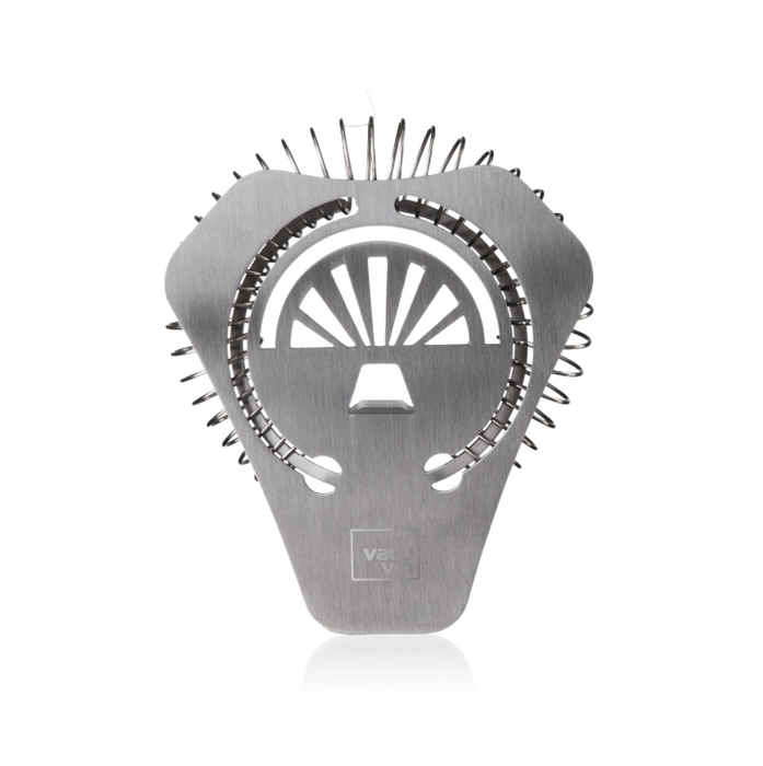A stainless steel cocktail strainer with a brushed metal finish, featuring a filter in the centre, shown on a white background with a soft reflection.