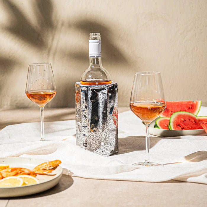 Vacu Vin Active Wine Cooler Silver wrapped around a wine bottle