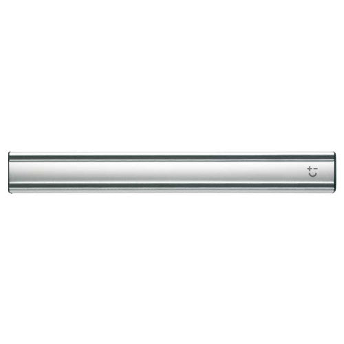 A slim, horizontal metallic silver bar with rounded corners and a small circular icon on the right end, shown against a plain white background.