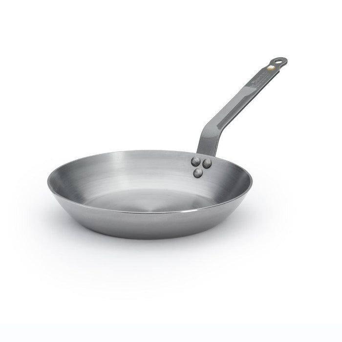 A silver De Buyer Mineral B carbon steel frying pan with a single rivetted handle, displayed against a white background.