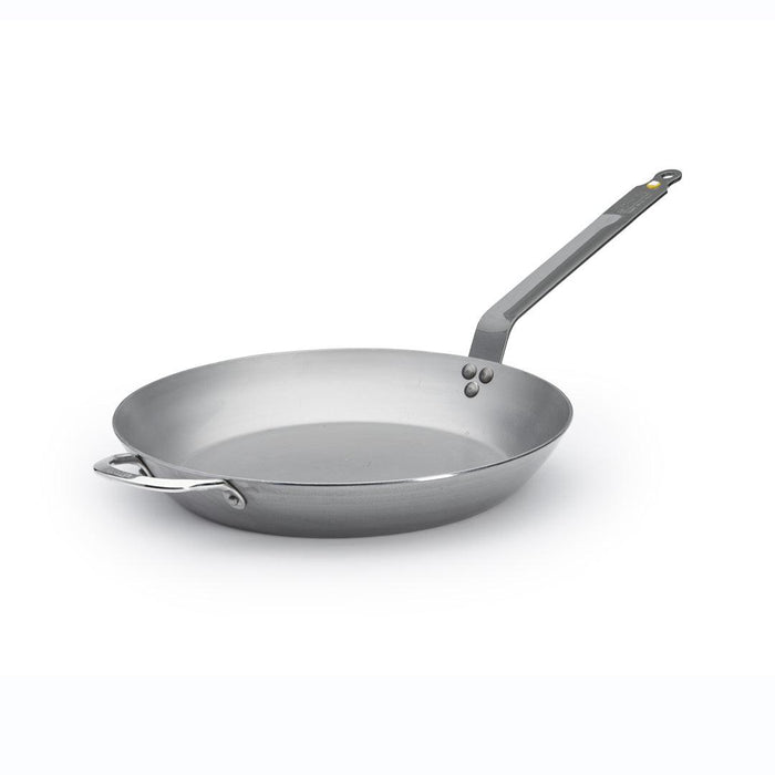 A silver-colored De Buyer Mineral B carbon steel frying pan with a long handle, isolated on a white background.