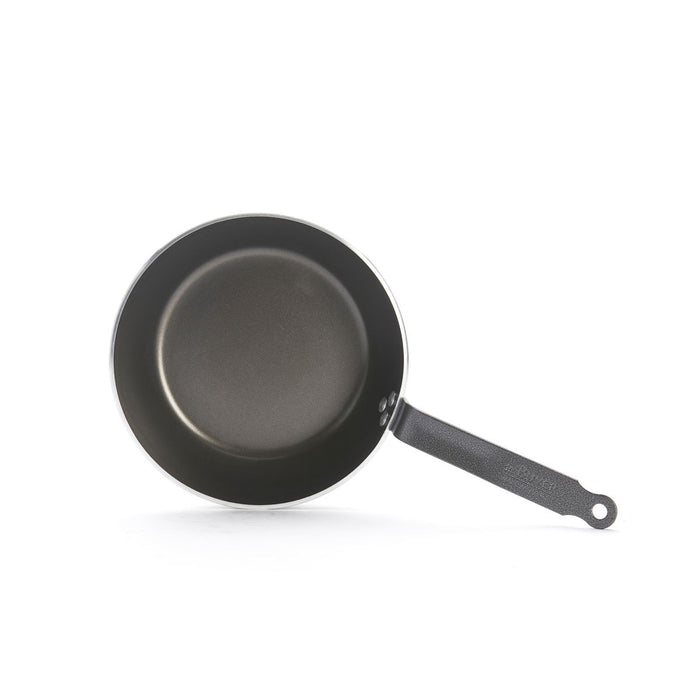 A dark gray non-stick frying pan with a long handle, shown from a top-down perspective on a clean white background.