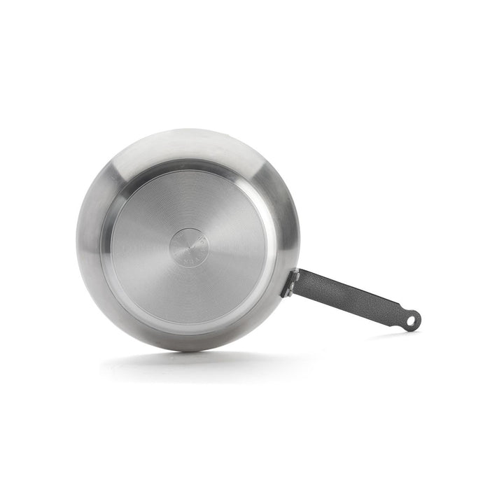 A stainless steel frying pan shown from a top-down perspective, featuring a brushed metal base and a black handle, isolated on a white background.