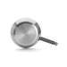 A stainless steel frying pan shown from a top-down perspective, featuring a brushed metal base and a black handle, isolated on a white background.