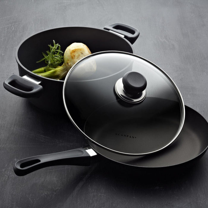 Scanpan Classic 16cm glass lid with black knob and stainless steel rim