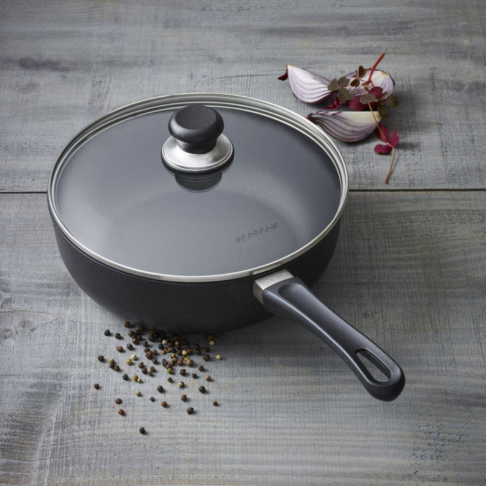 Scanpan Classic 16cm glass lid with black knob and stainless steel rim