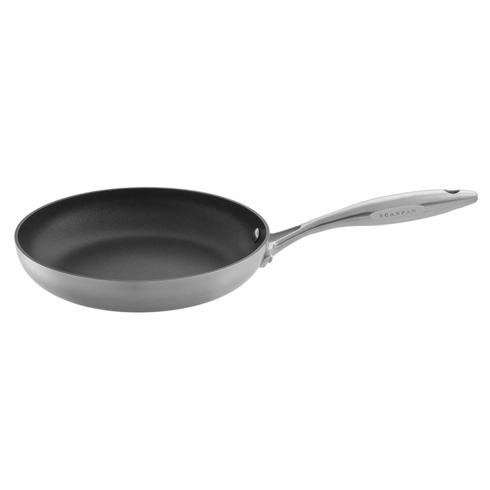 Side view of a Scanpan CTX non-stick frying pan with curved sides and stainless steel handle