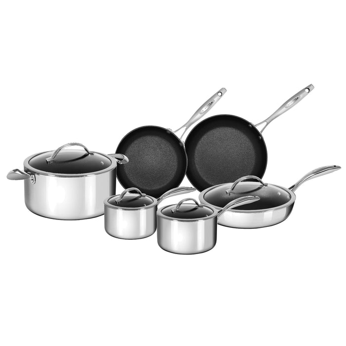 A set of SCANPAN HaptIQ cookware including a saucepan, frying pan, Dutch oven, and sauté pan with lids, featuring a silver color and ergonomic handles.