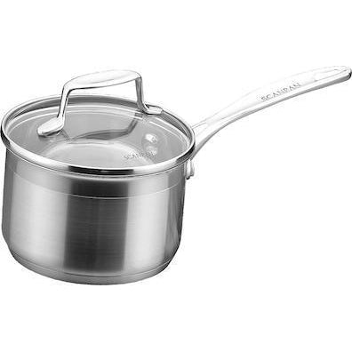A silver SCANPAN Impact saucepan with a lid, 14cm in size and 1.2 liters capacity, displayed on a white background.