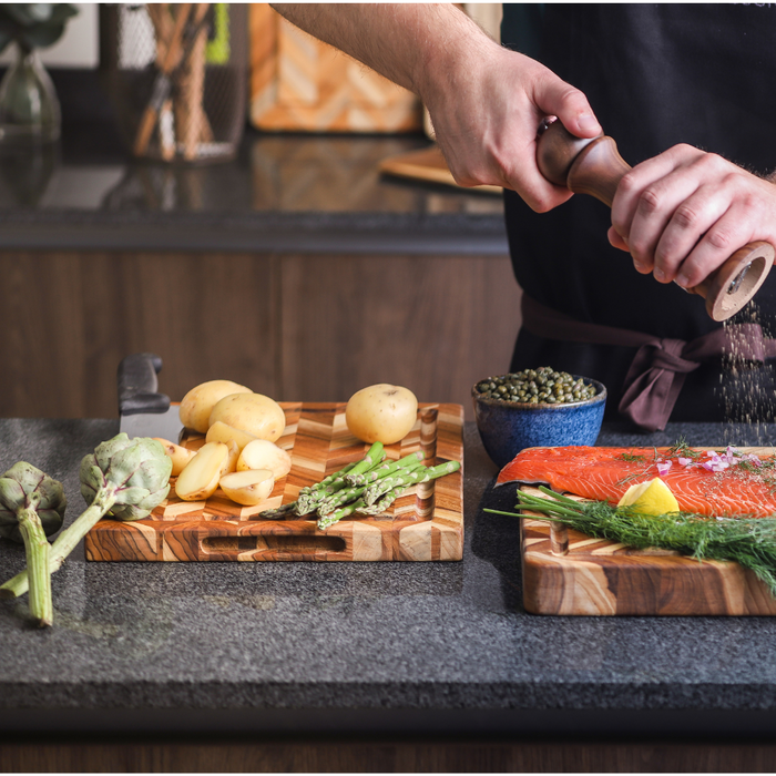 TeakHaus Herringbone Chopping Board Medium in use