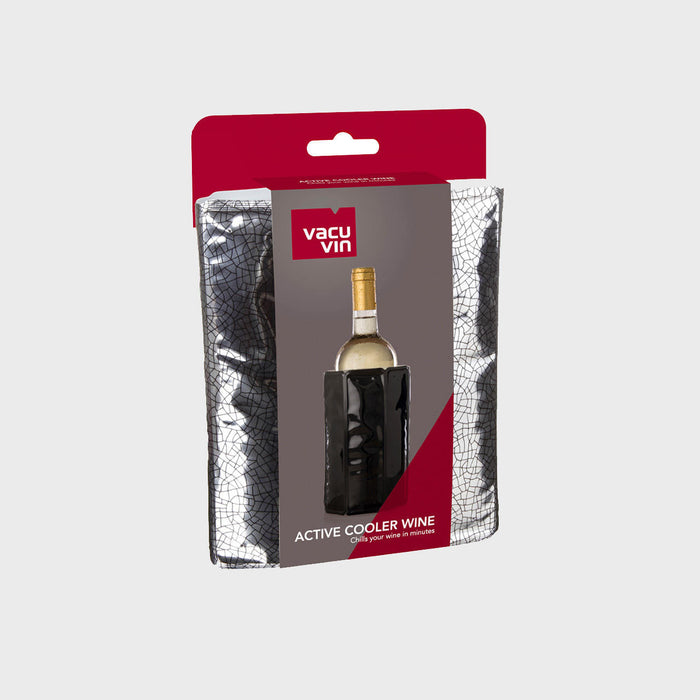Vacu Vin Active Cooler Wine bottle holder in its retail packaging, featuring a silver metallic crackle-textured sleeve.